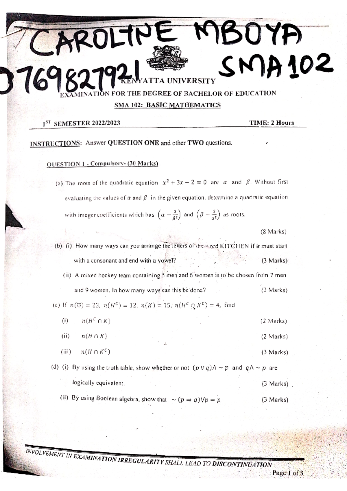 SMA 102 Final Exam Past Papers by Carolyne Mboya - Studocu