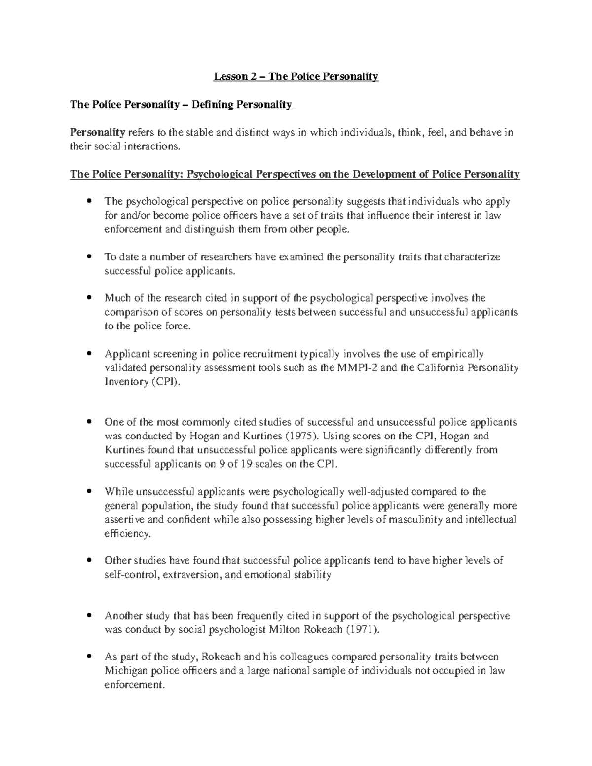 Lesson 2 - Exploring the Police Personality: Traits and Perspectives ...