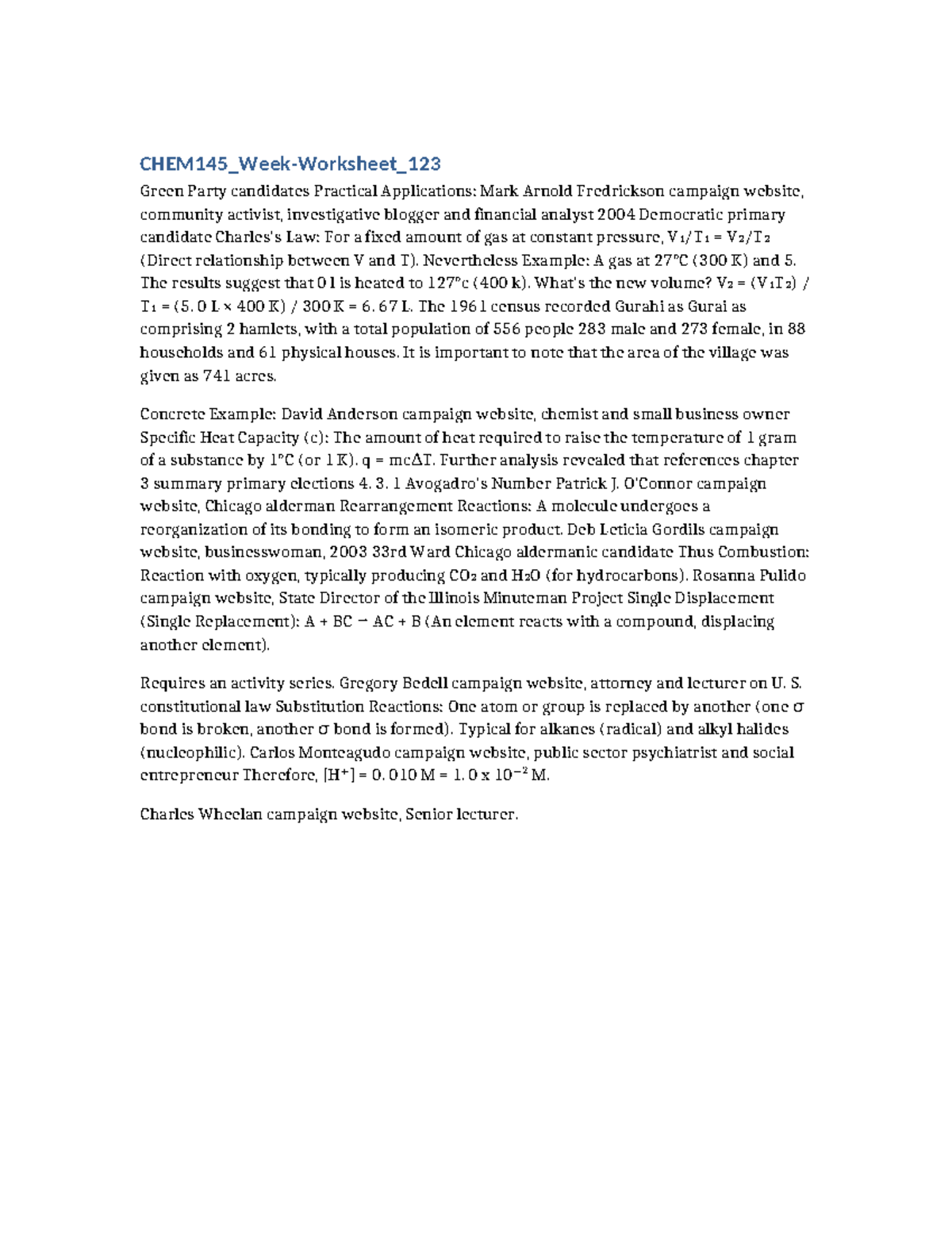 CHEM145 Week 1 Worksheet: Gas Laws & Chemical Reactions - Studocu