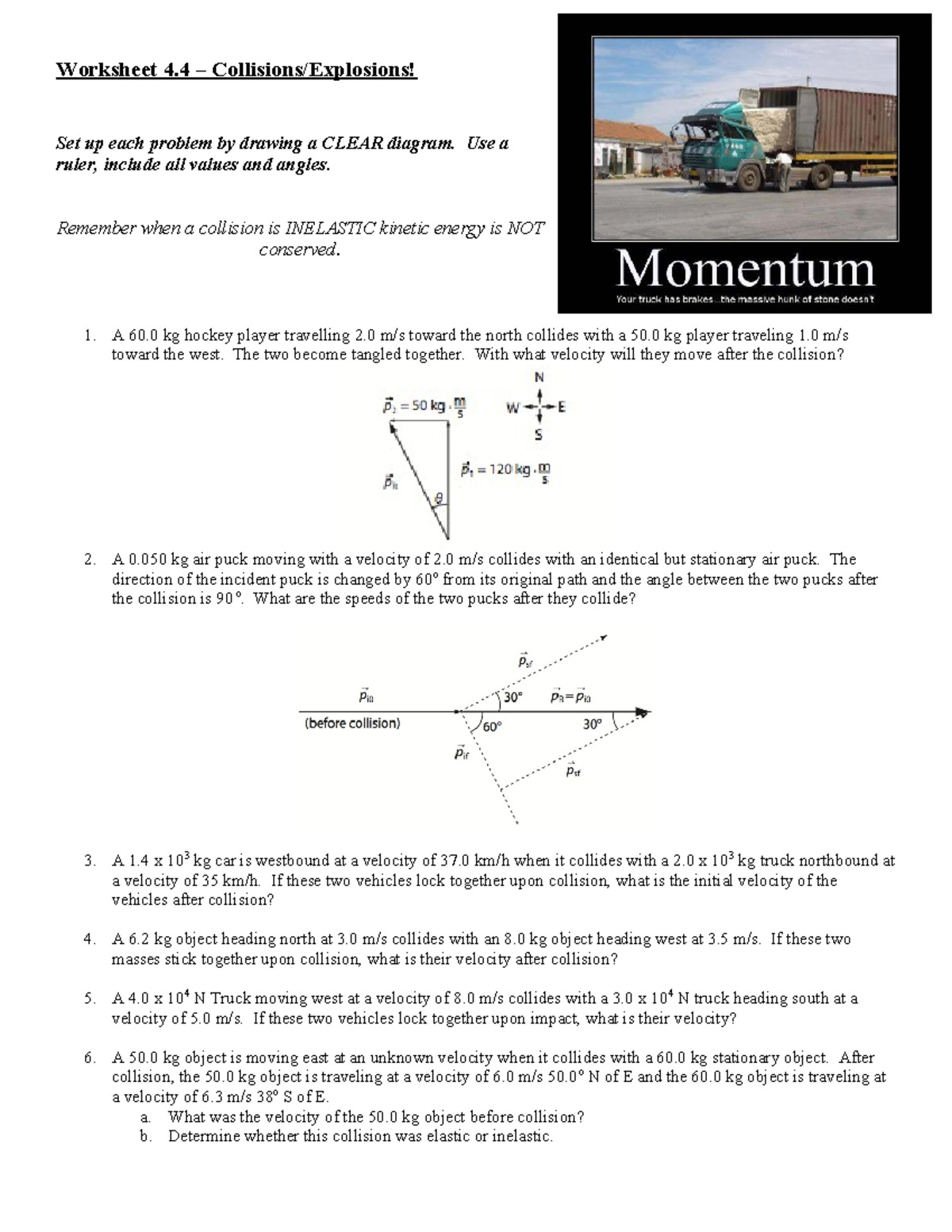 Unit 4 - Worksheet 4.4: Inelastic Collision Problems with Diagrams ...