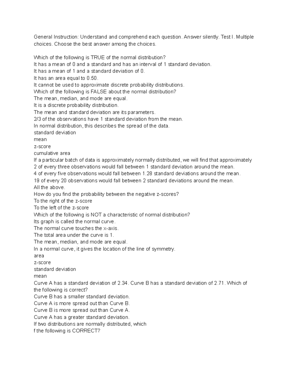 Exam 2 - Statistics 1: Understanding Normal Distribution Concepts - Studocu