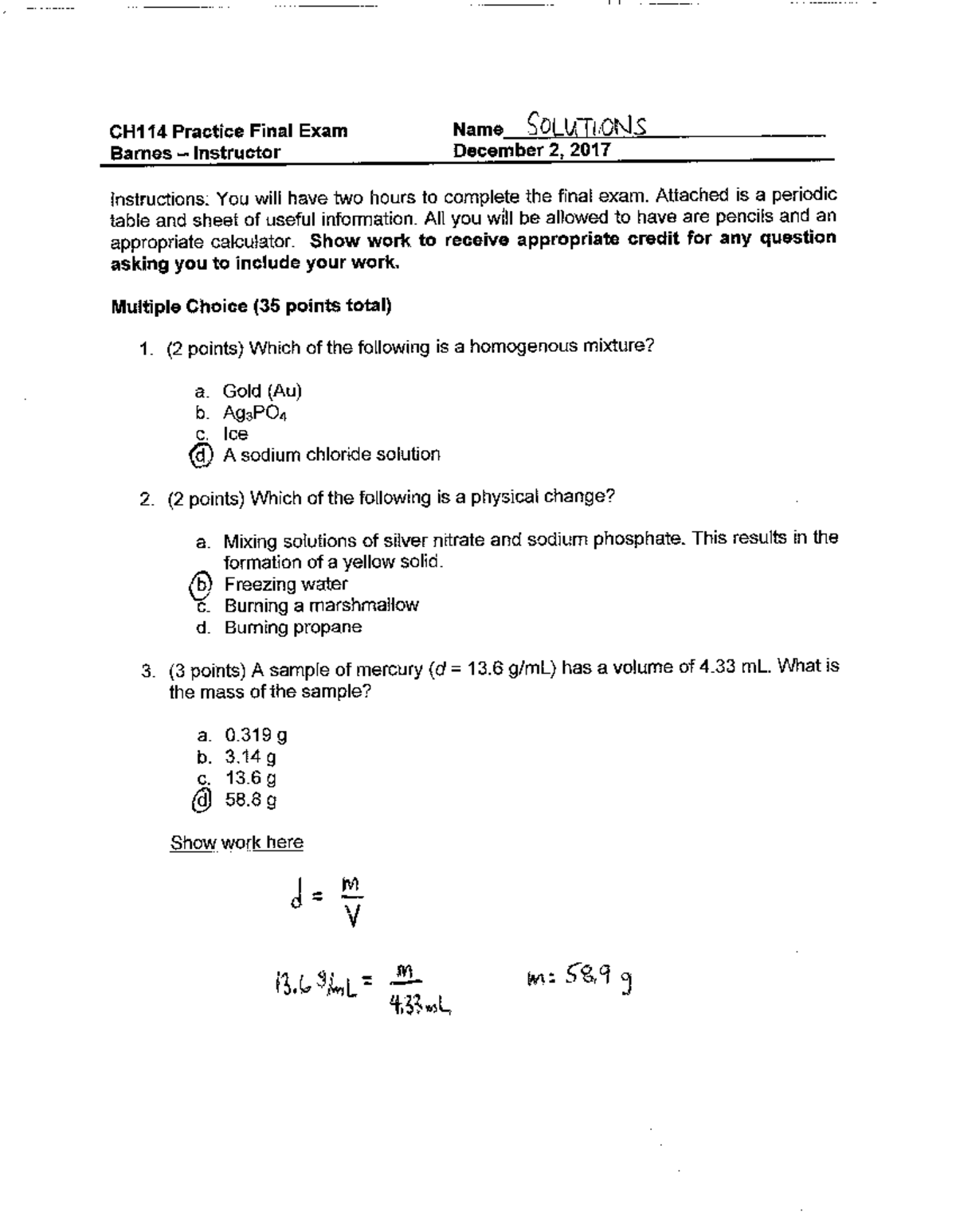 CH114 Practice Final Exam Solutions - Studocu