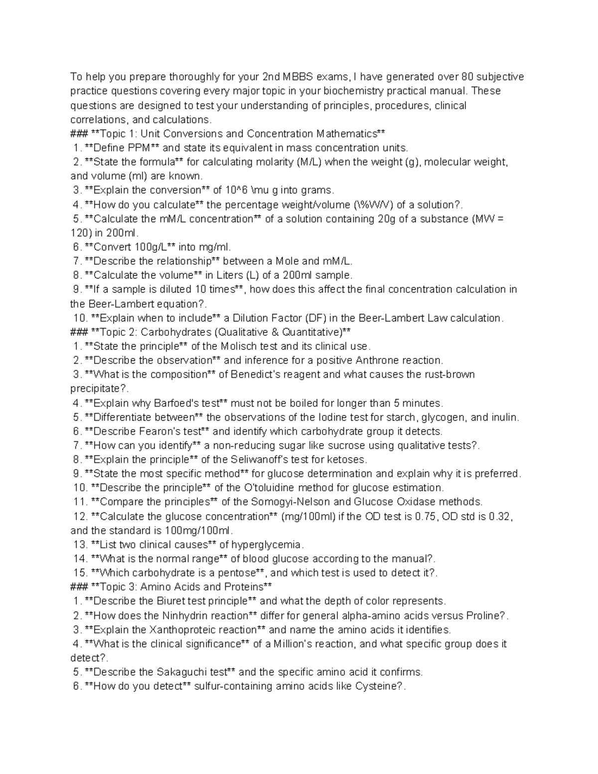Biochemistry Practical Questions for 2nd MBBS Exam Preparation - Studocu