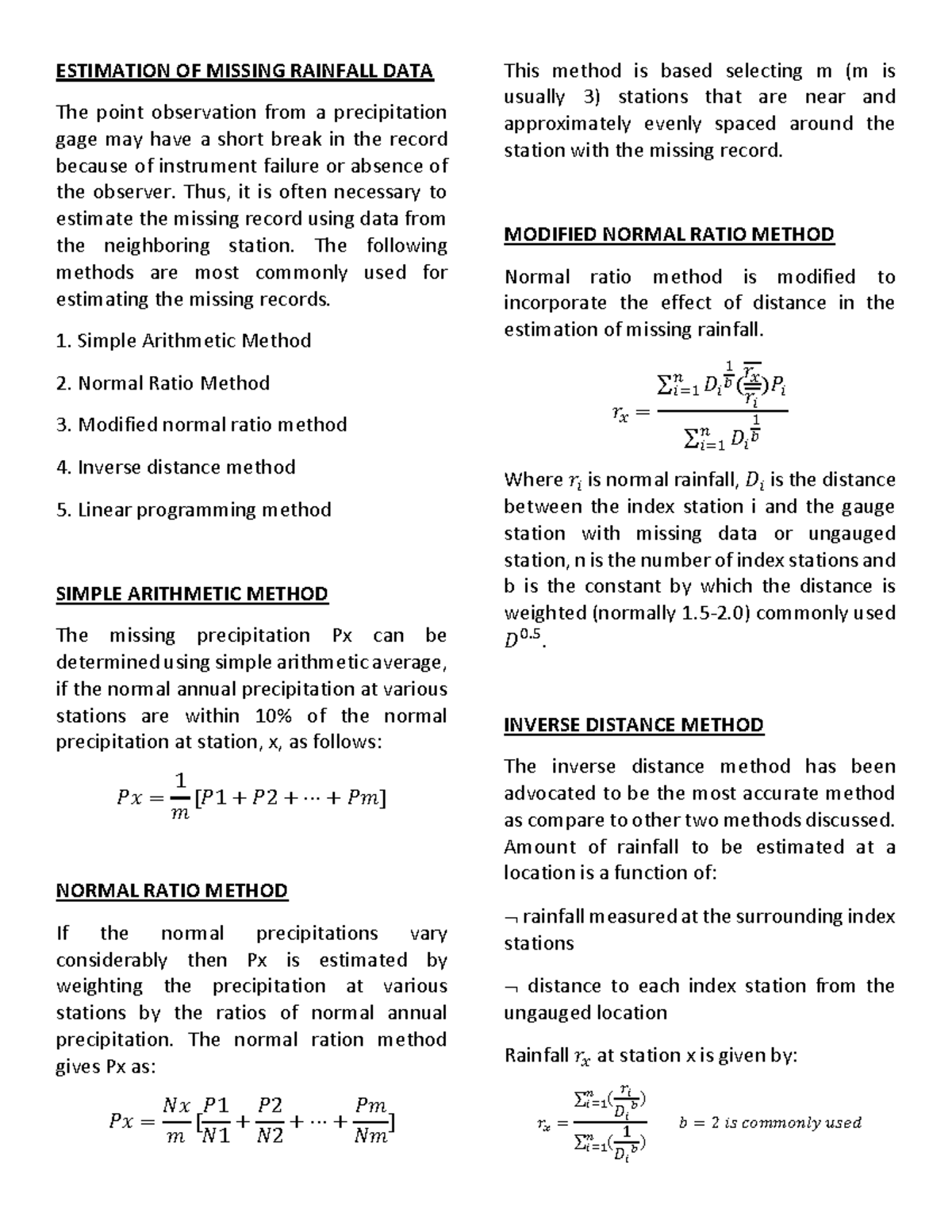 Estimation of Missing Rainfall Data for Precipitation 2 - Studocu
