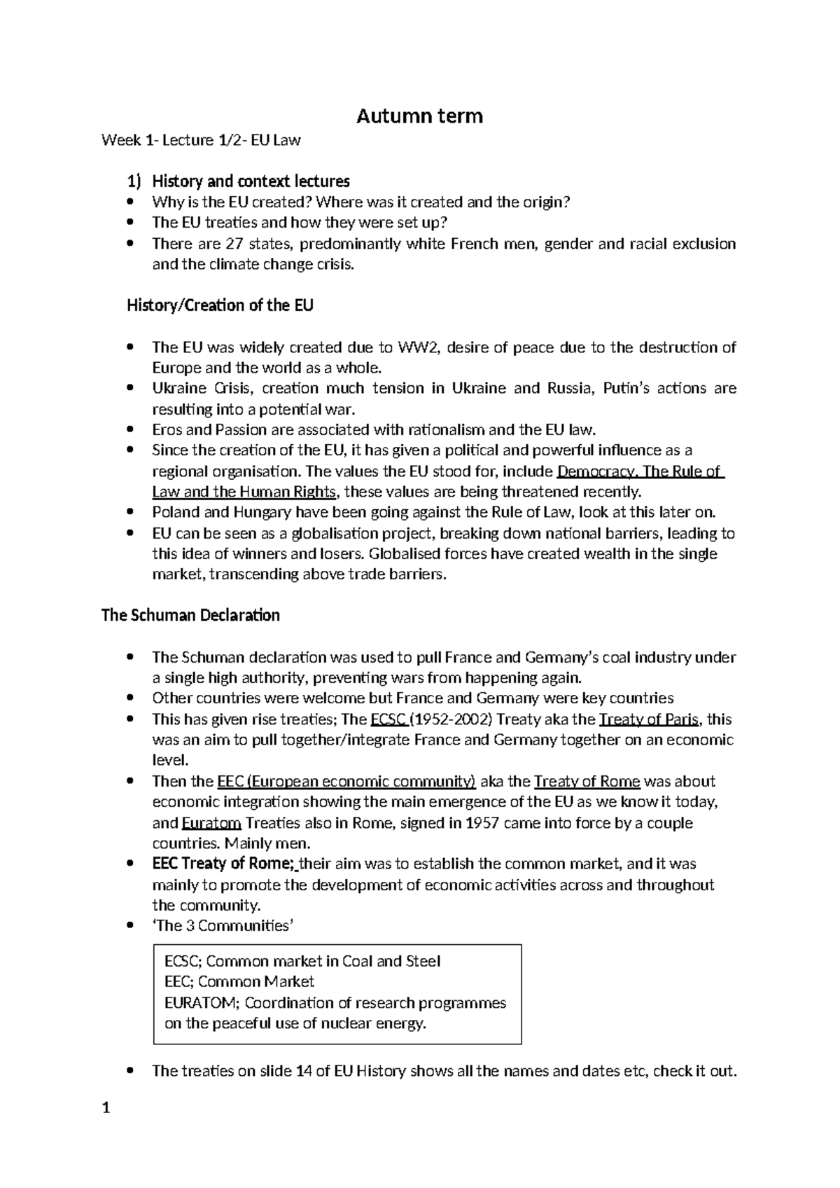 Lecture notes - slayeed - Autumn term Week 1- Lecture 1/2- EU Law 1 ...