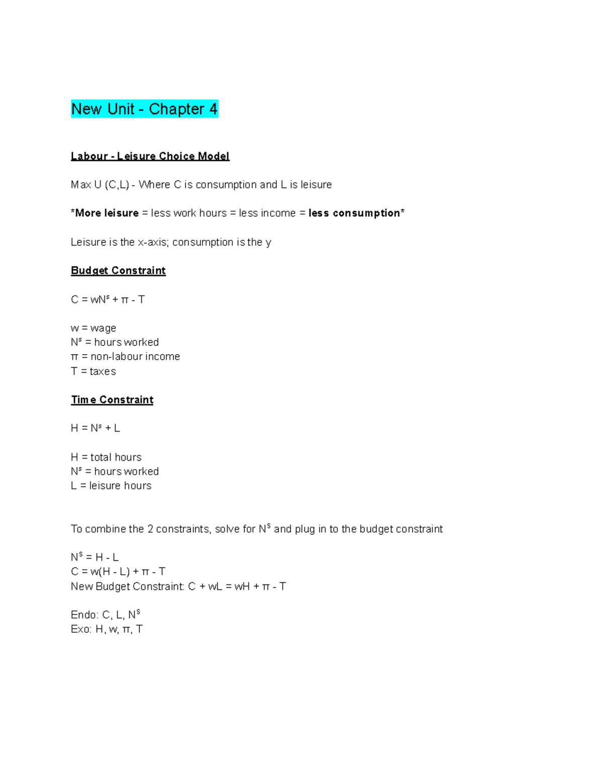 Macro notes 2: Chapter 4 labour leisure choice model analysis - Studocu