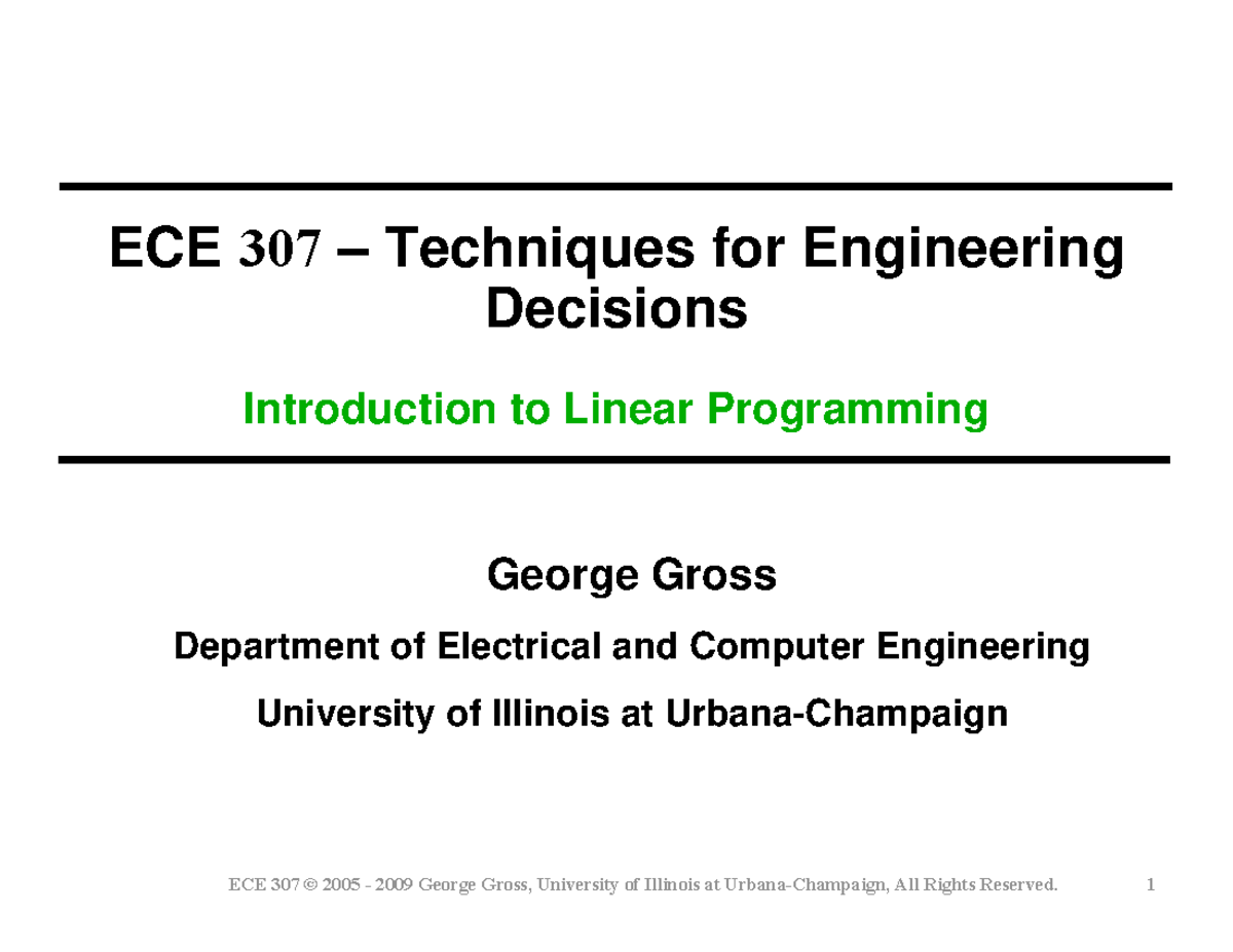 ECE 307 Introduction to Linear Programming Techniques and Applications ...