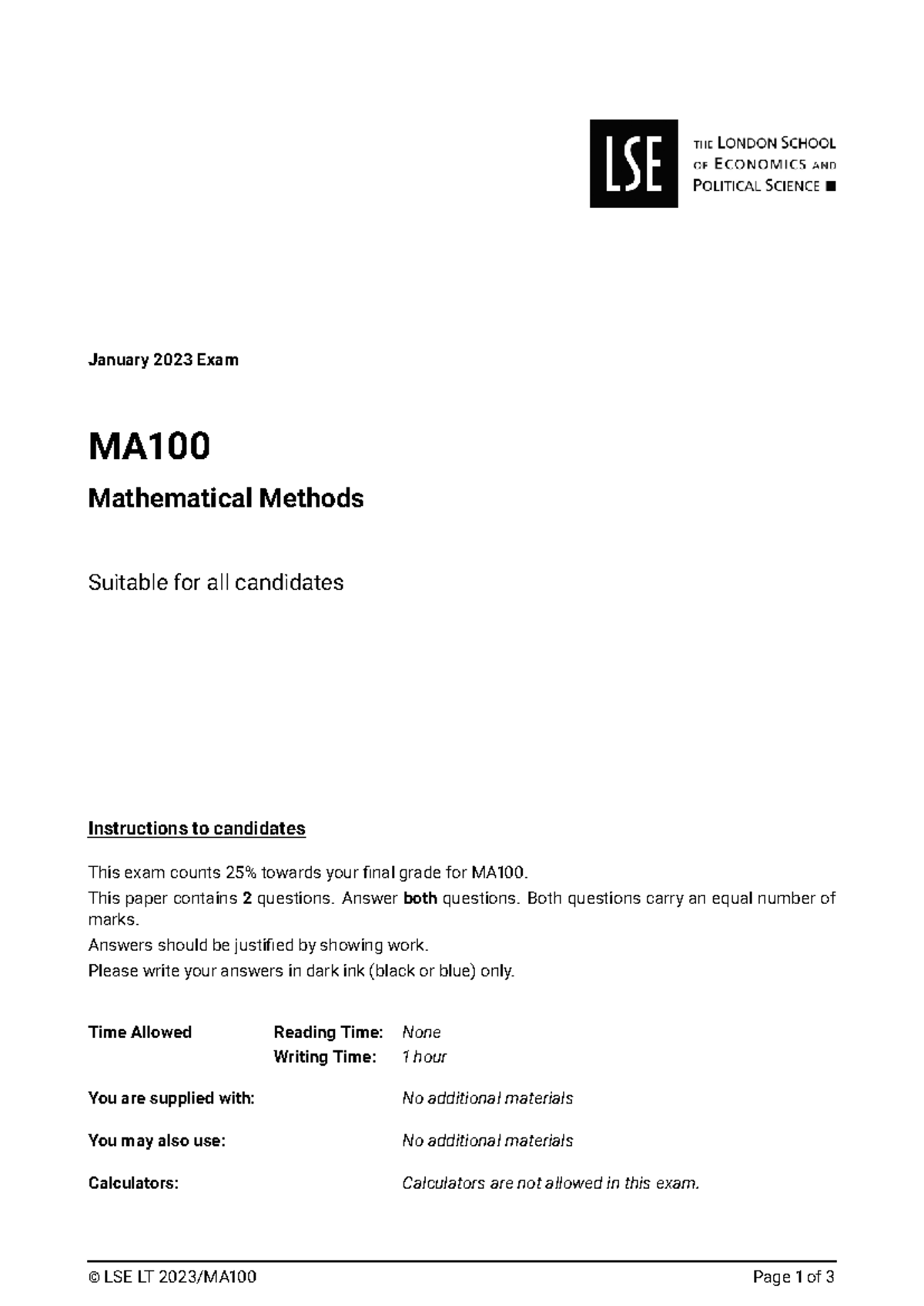 2023 MA100 - Solutions for January Exam in Mathematical Methods - Studocu
