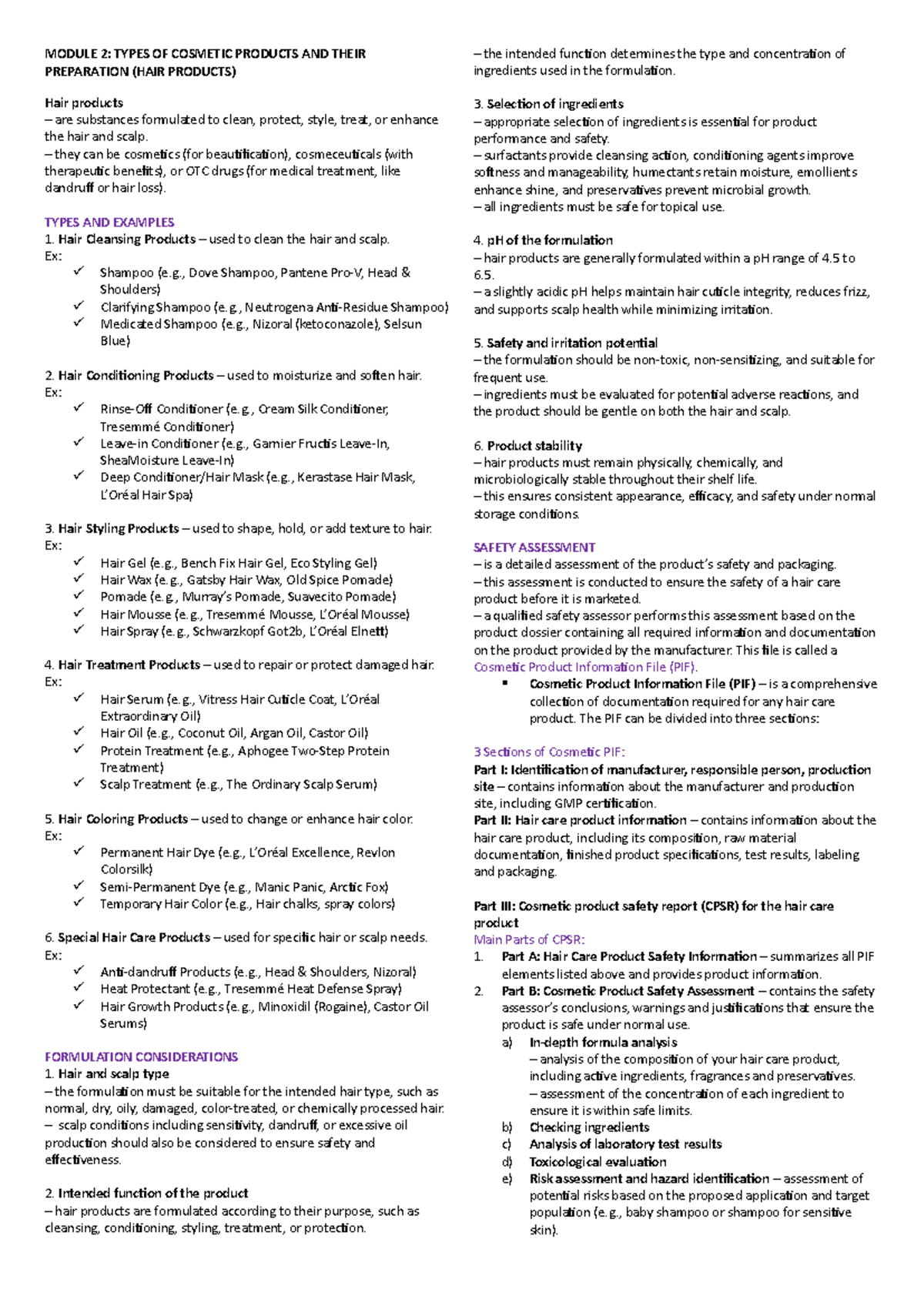 MODULE 2: HAIR PRODUCTS - TYPES, INGREDIENTS & FORMULATION - Studocu
