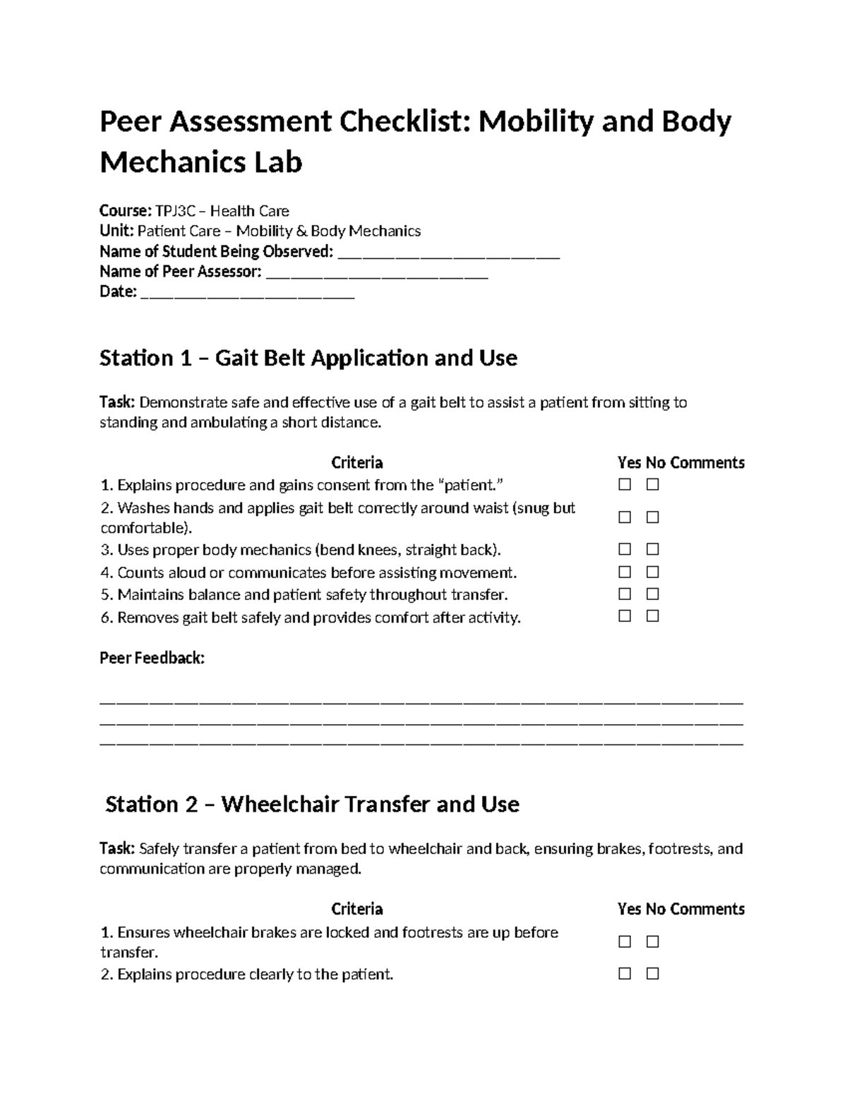 Mobility and Body Mechanics Peer Assessment Checklist: TPJ3C - Studocu