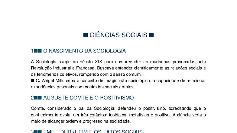 Resumo de Ciências Sociais: O Nascimento da Sociologia - Studocu