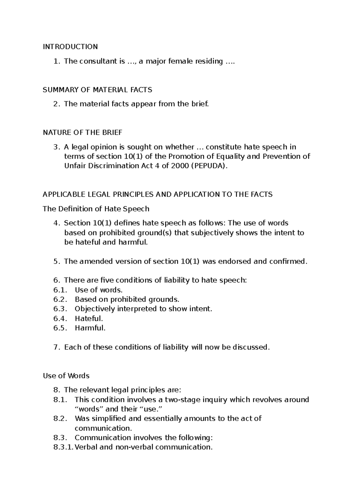 Legal Memo - Analysis of Hate Speech under PEPUDA Act - Studocu