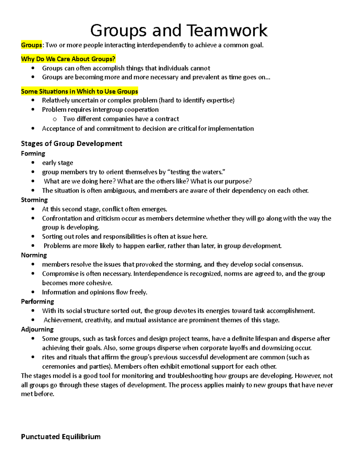 BU288 Midterm 2 Study Notes: Groups, Teamwork, and Development Stages ...