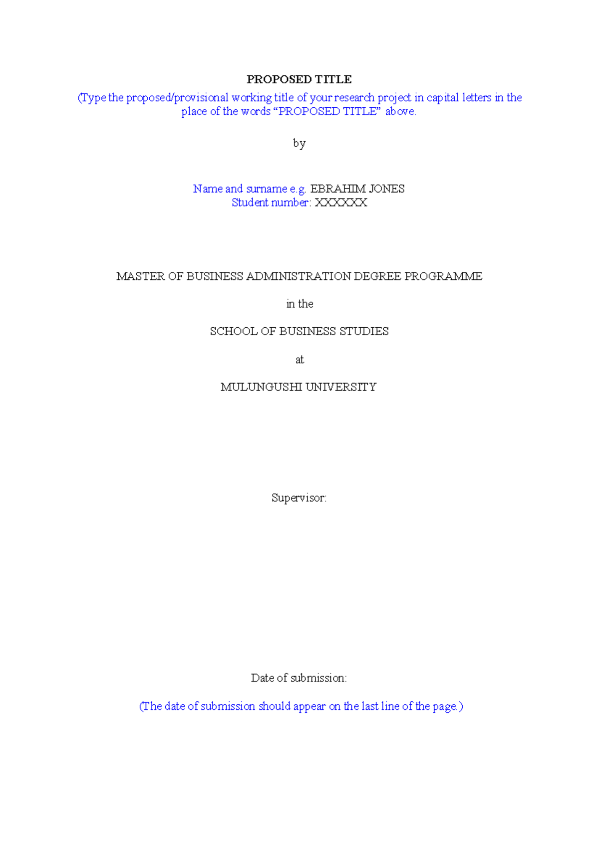RESEARCH PROPOSAL TEMPLATE FOR MBA STUDENTS AT MULUNGUSHI UNIVERSITY ...