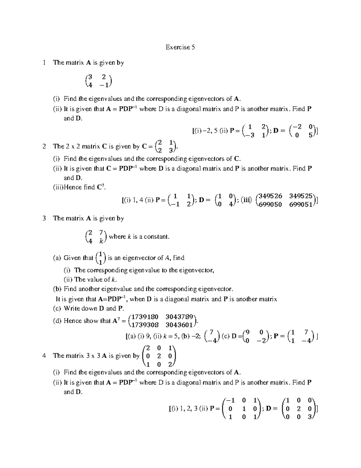 Exercise 5: Diagonalization of Matrices and Eigenvalues - Studocu