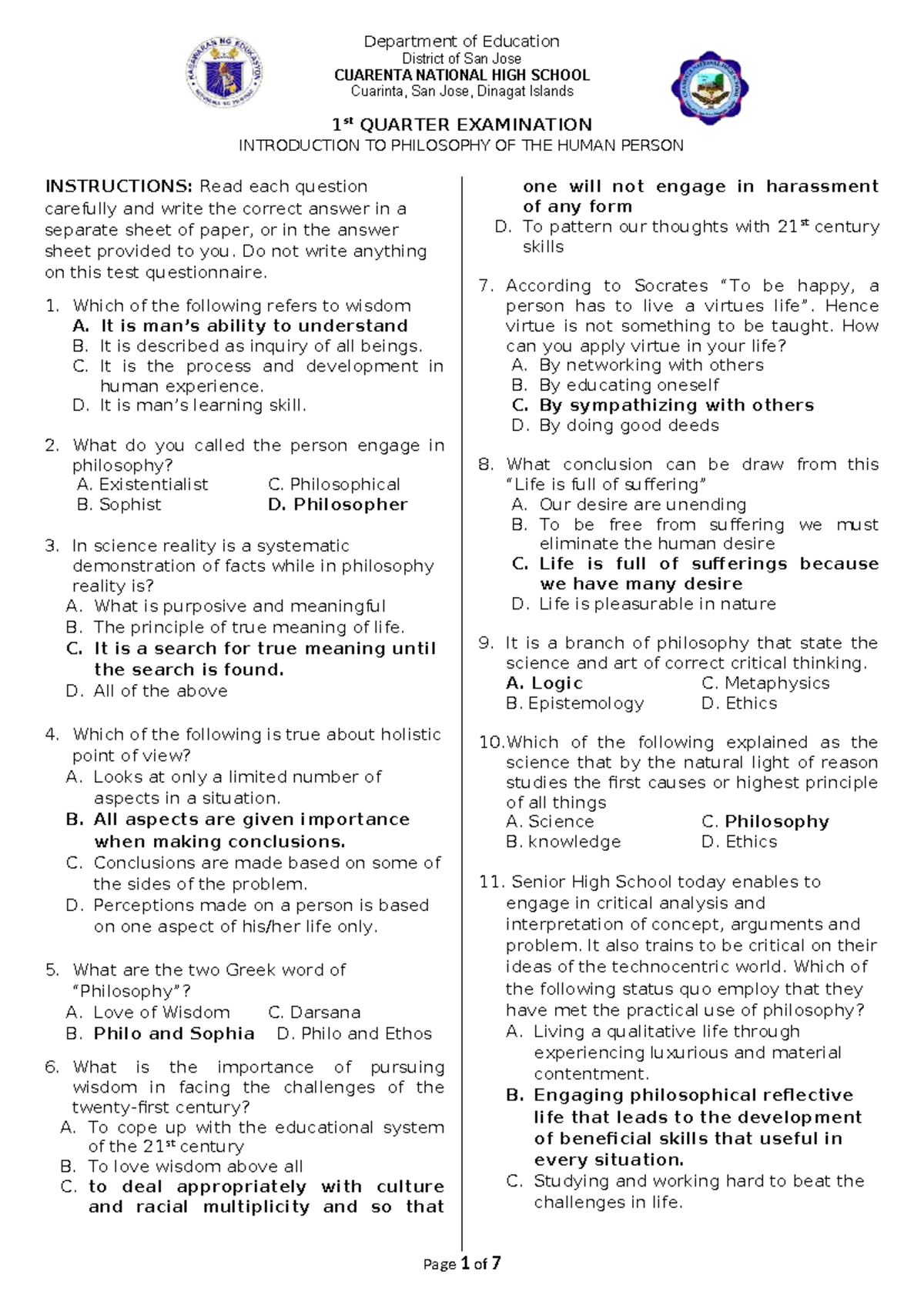 1st Quarter Exam: Introduction to Philosophy of the Human Person (PHILO ...
