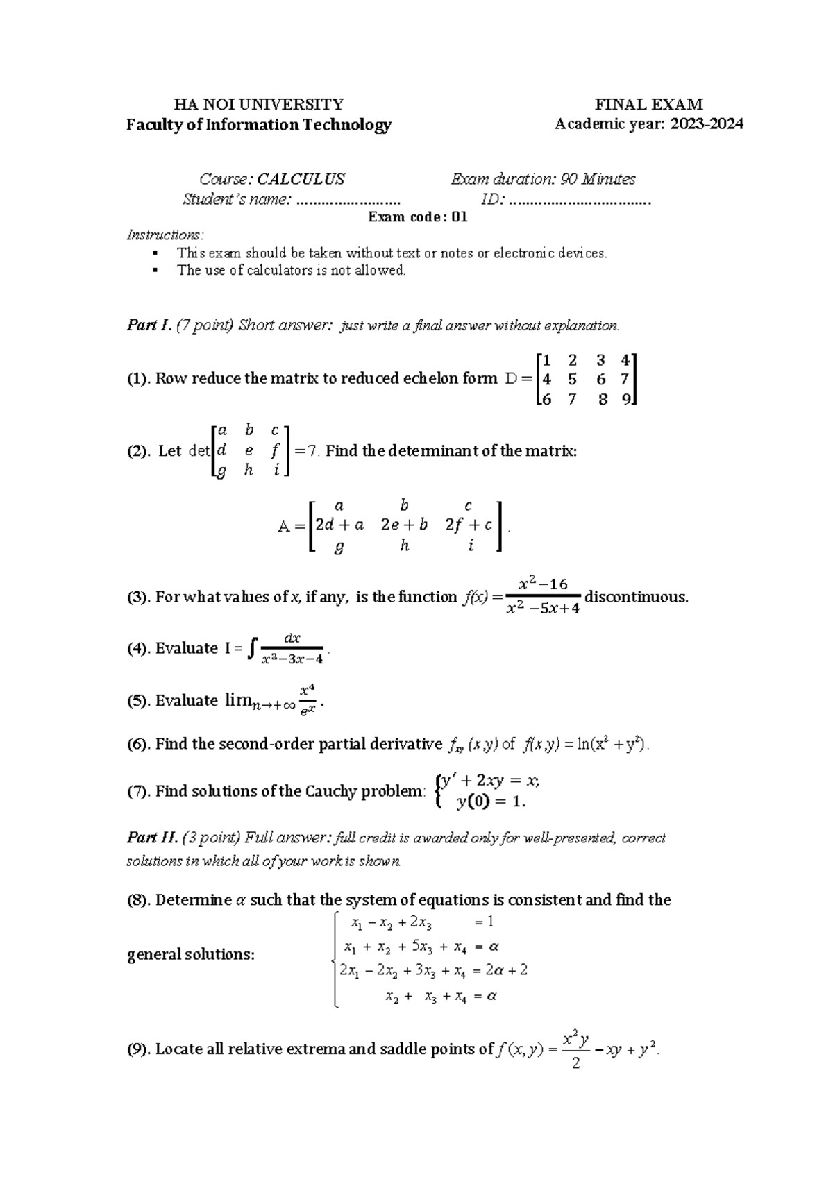 CAL01 Finalexamcalculus - Course: CALCULUS Exam duration: 90 Minutes ...