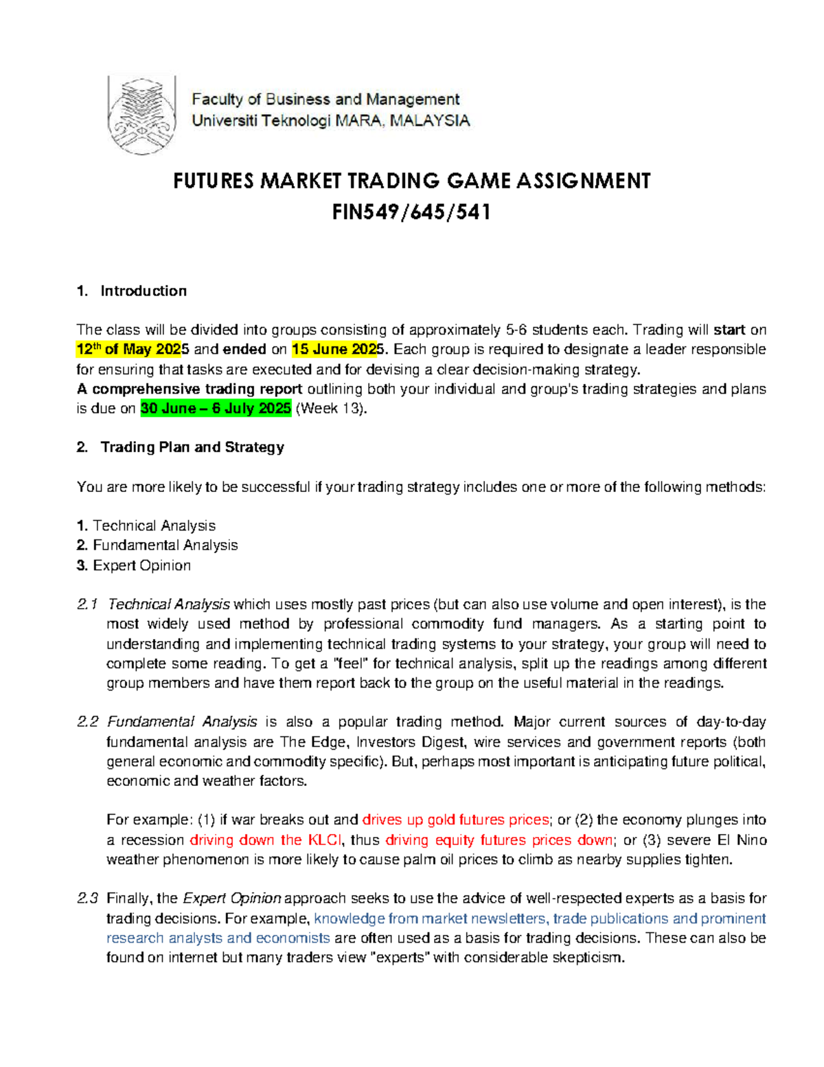 Futures Market Trading Game Assignment 1: Strategy & Report Guidelines ...