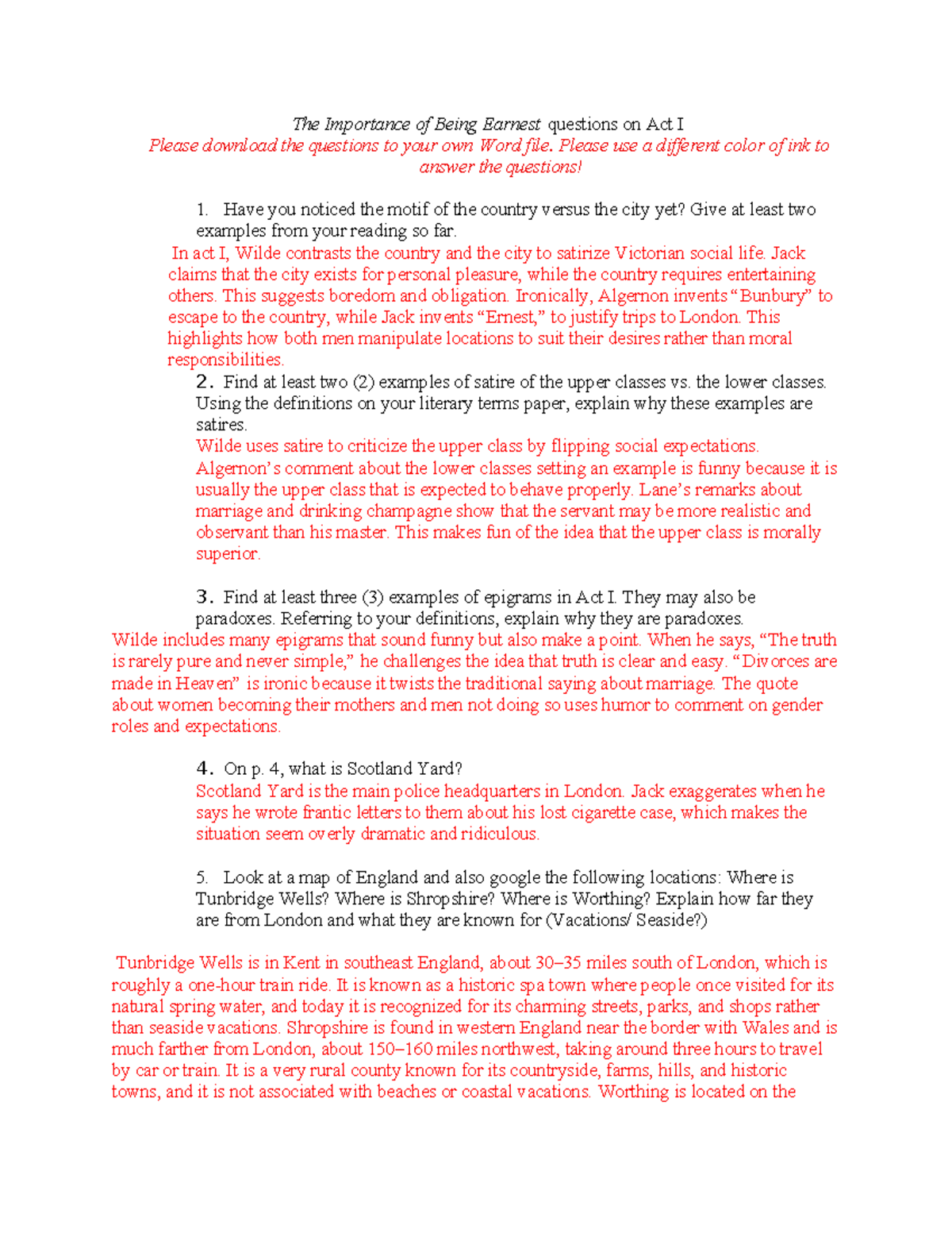 The Importance of Being Earnest: Act I Questions and Analysis - Studocu