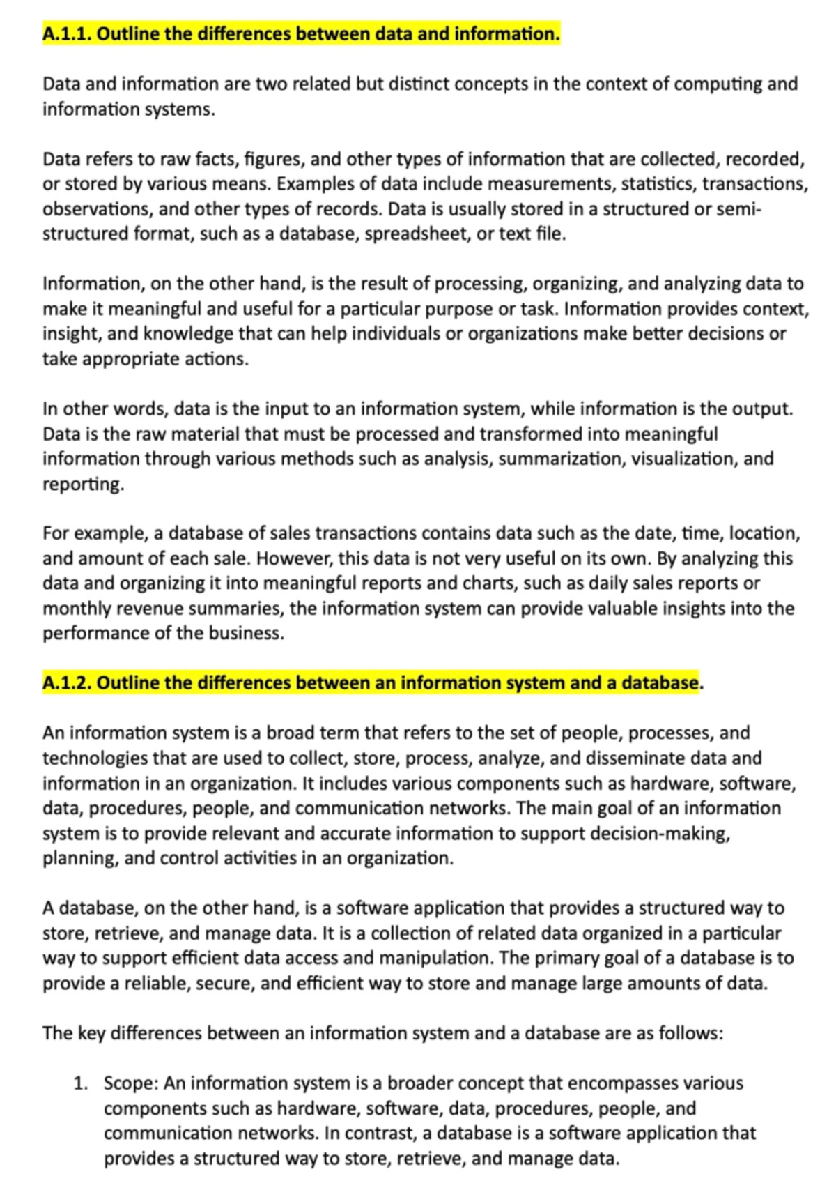 DBMS notes - A.1. Outline the differences between data and information ...