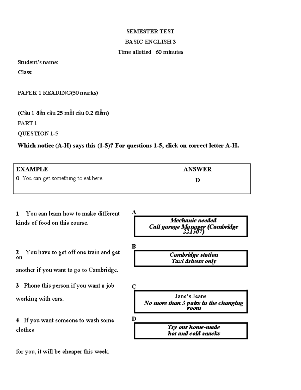 Midterm Test: Basic English 3 (2nd Semester) Exam Paper 1 - Studocu