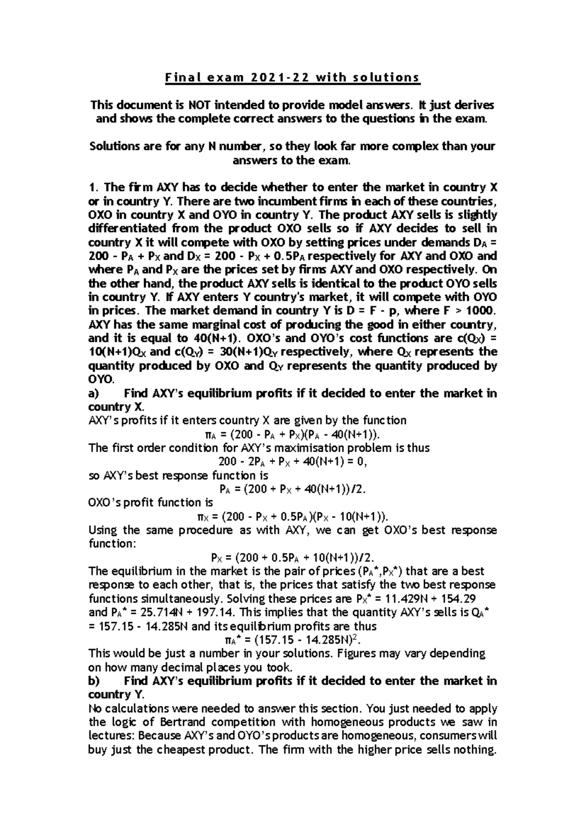 Final Exam 2022 Solutions: Market Entry Analysis and Profit Equilibrium ...