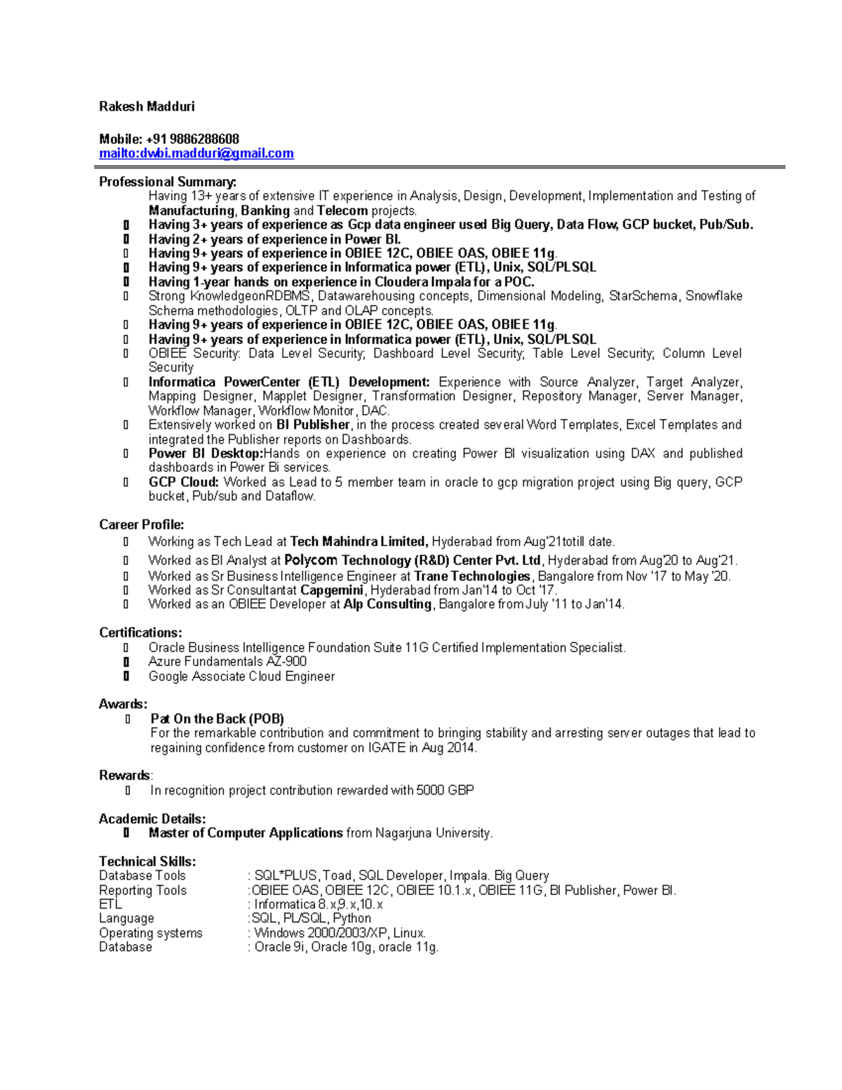 Professional Summary and Experience of GCP Data Engineer (DWBI) - Studocu