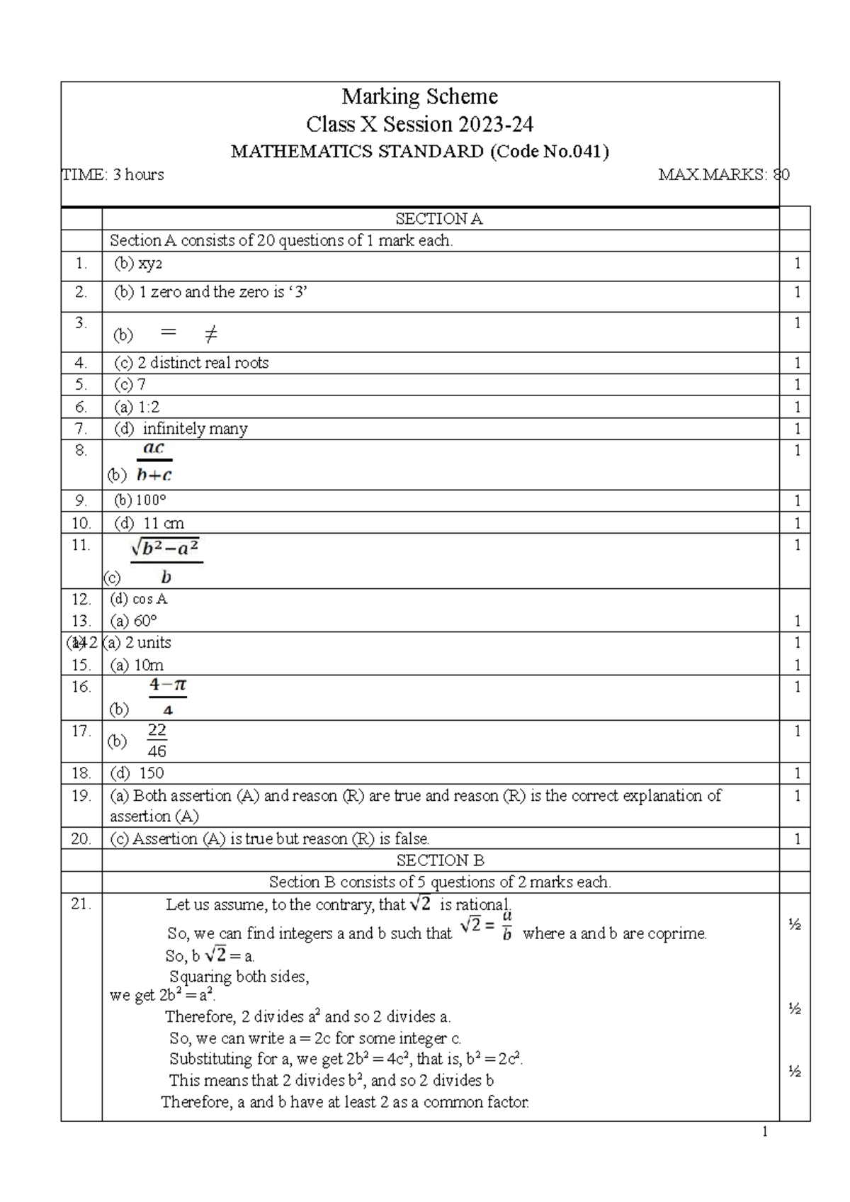 Marking Scheme Class X Mathematics Standard (Code No. 041) - Prelim 3 ...