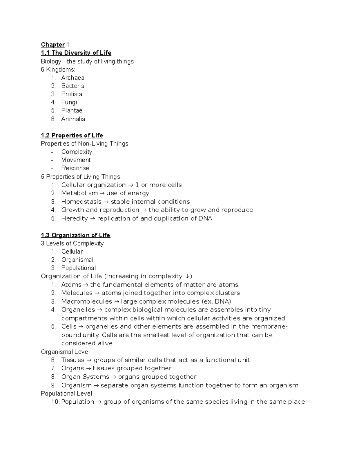 BISC104 Textbook Notes Ch 1 - Chapter 1 1 The Diversity of Life Biology ...