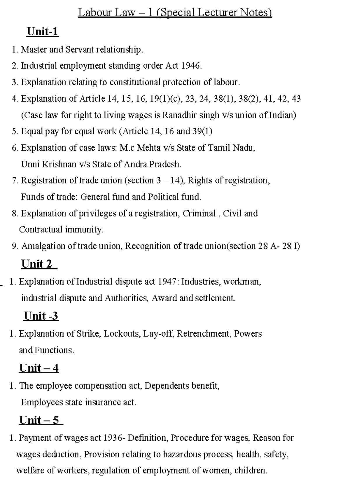 Labour Law 1 and Family law 2 special leturer notes - Labour Law – 1 ...