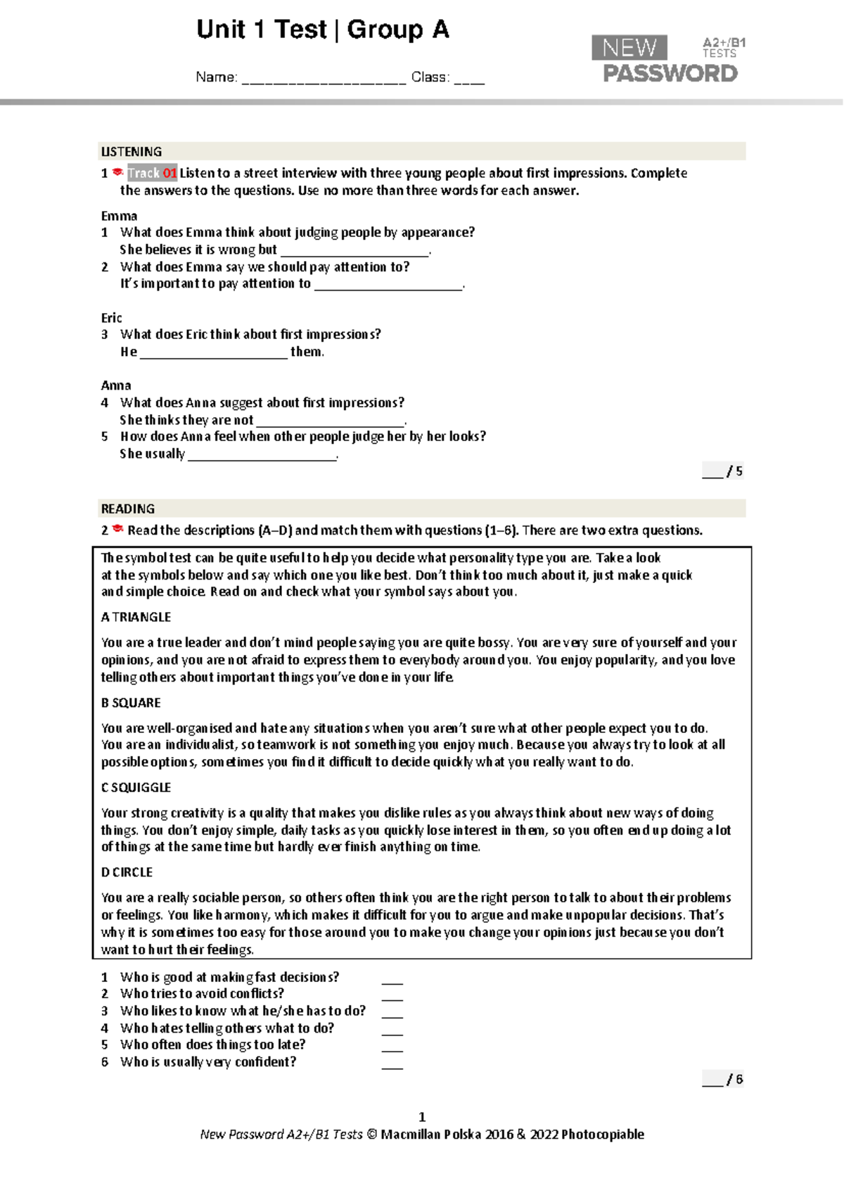 Unit 1 Test A2+/B1 - New Password (Group A) - Studocu