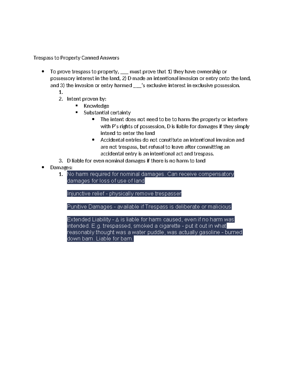 Trespass to Property Canned Answers - 1. 2. Intent proven by: Knowledge ...