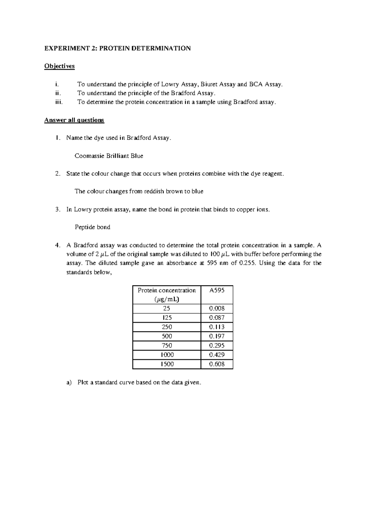 BIO462 LAB REPORT: EXPERIMENT 2 - PROTEIN DETERMINATION - Studocu