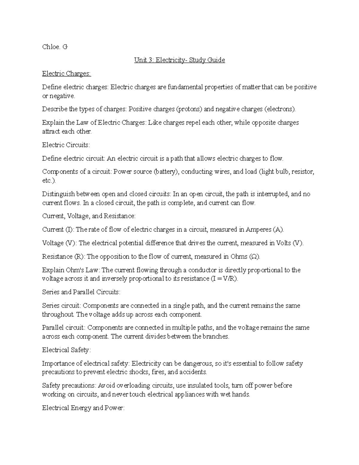 Unit 3: Electricity - Comprehensive Study Guide for Students - Studocu