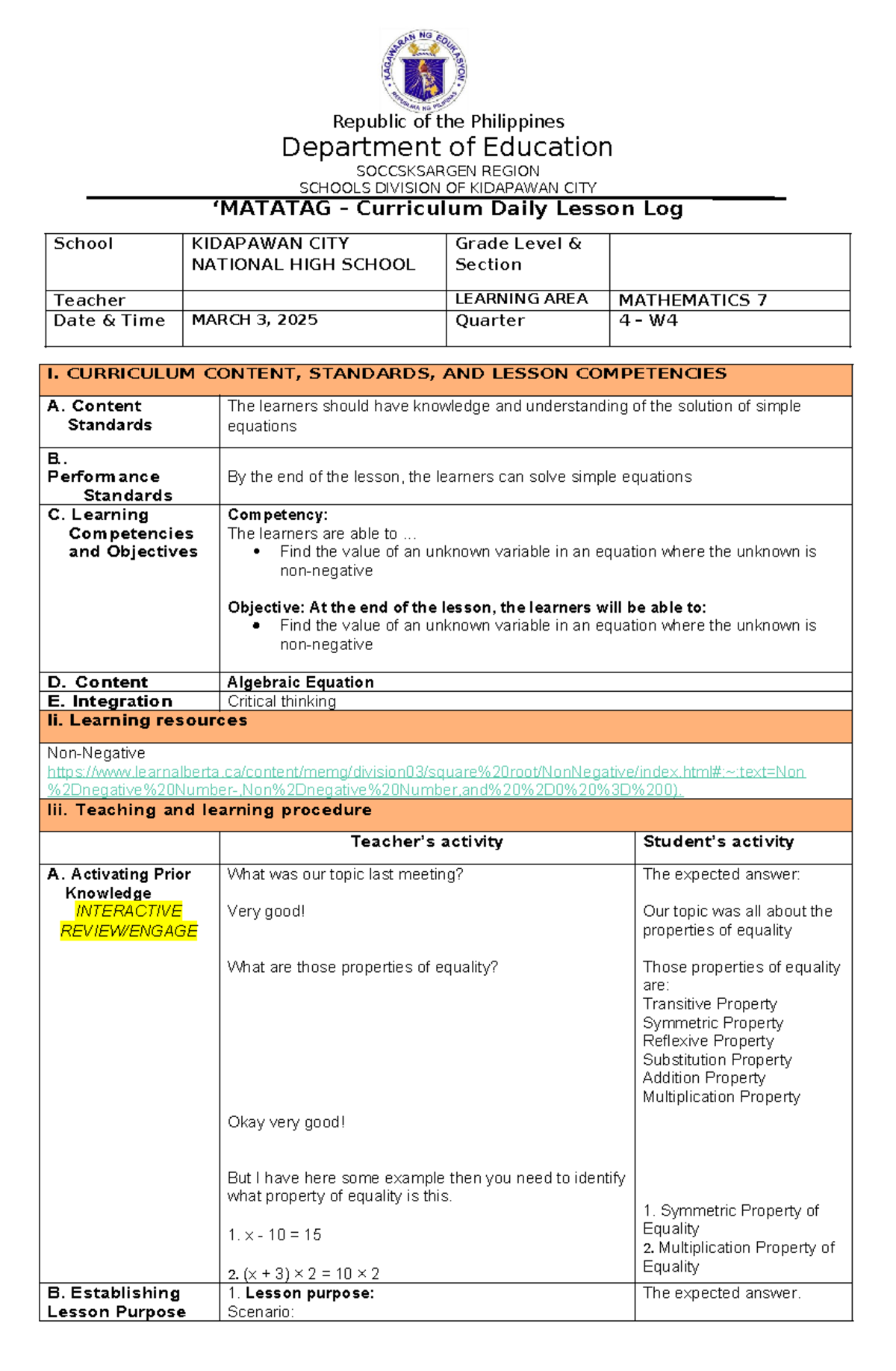 Mathematics 7 - Lesson Plan on Solving Simple Equations - Studocu