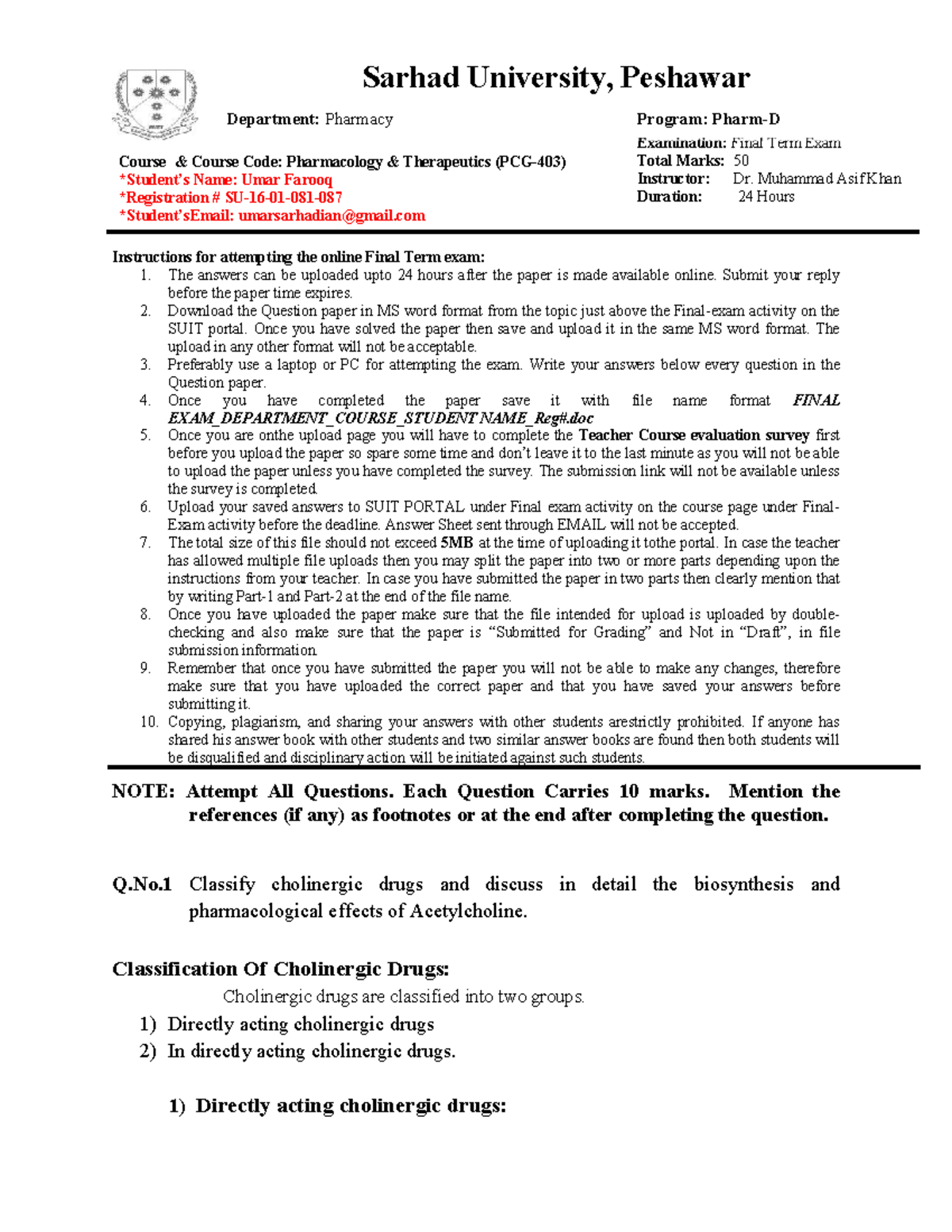 Pharmacology Therapeutics - Final Exam Guidelines and Study Notes - Studocu