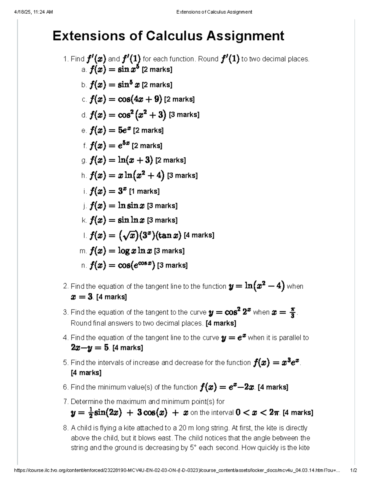 Extensions of Calculus Assignment: Calculating Functions & Tangents ...