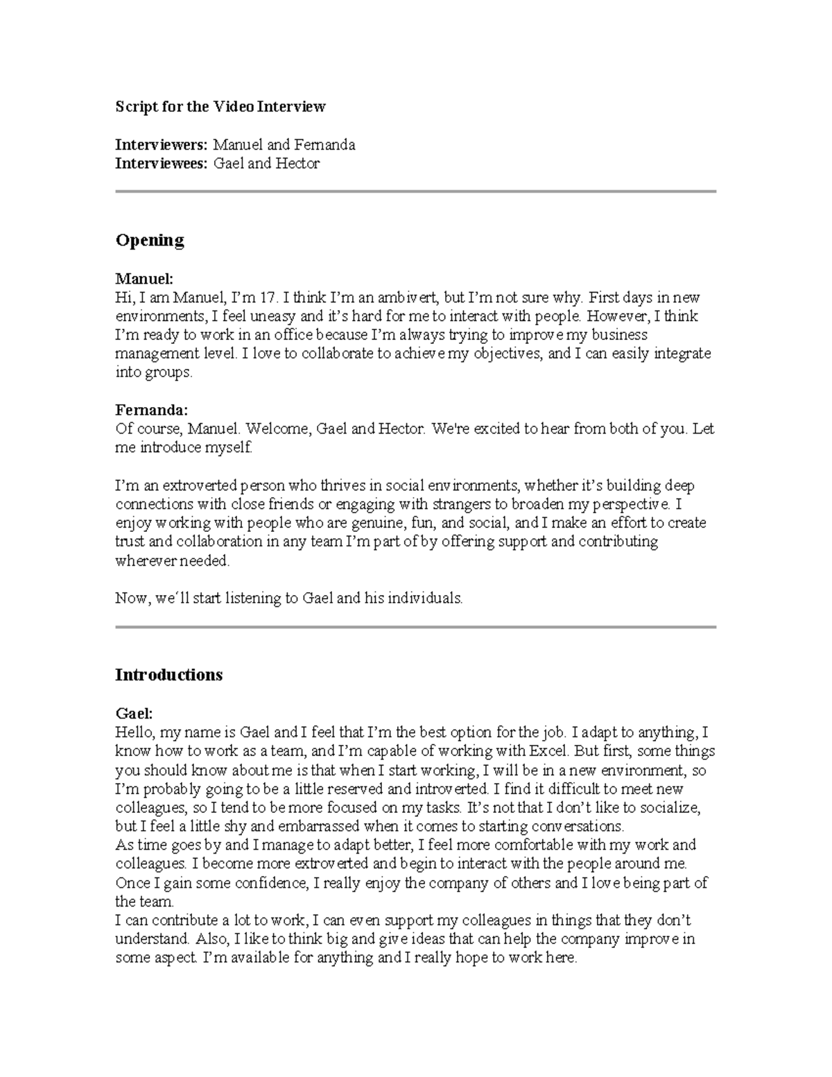 Script for the Video Intervie 1 (1) - Script for the Video Interview ...