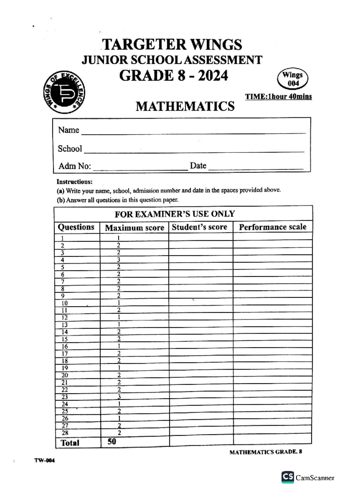 Mathematics Revision for Grade 8 Assessment - Wings 004 P ENJ 2024 ...