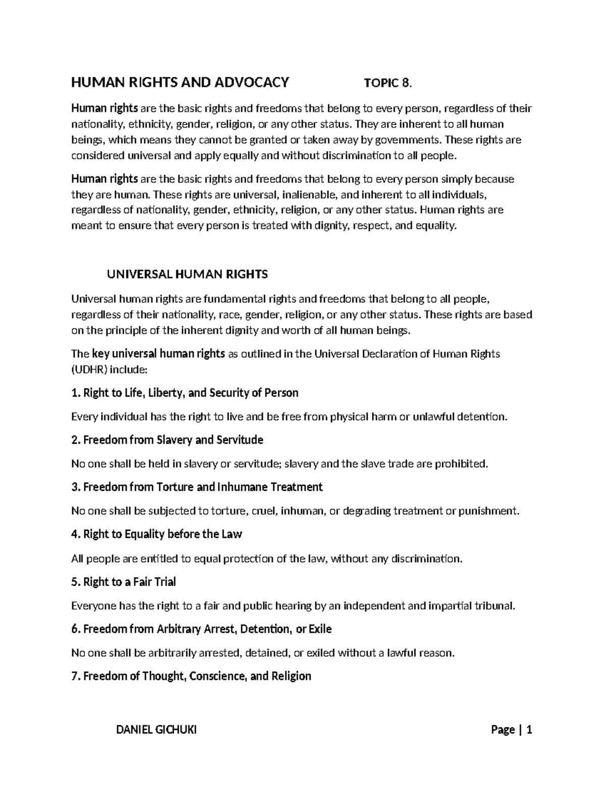 HUMAN RIGHTS & ADVOCACY: TOPIC 8 OVERVIEW AND INSIGHTS - Studocu