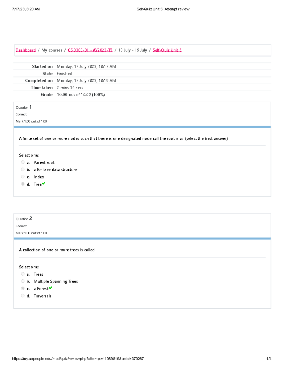 Self-Quiz Unit 5 Attempt review - Started on Monday, 17 July 2023, 10: ...