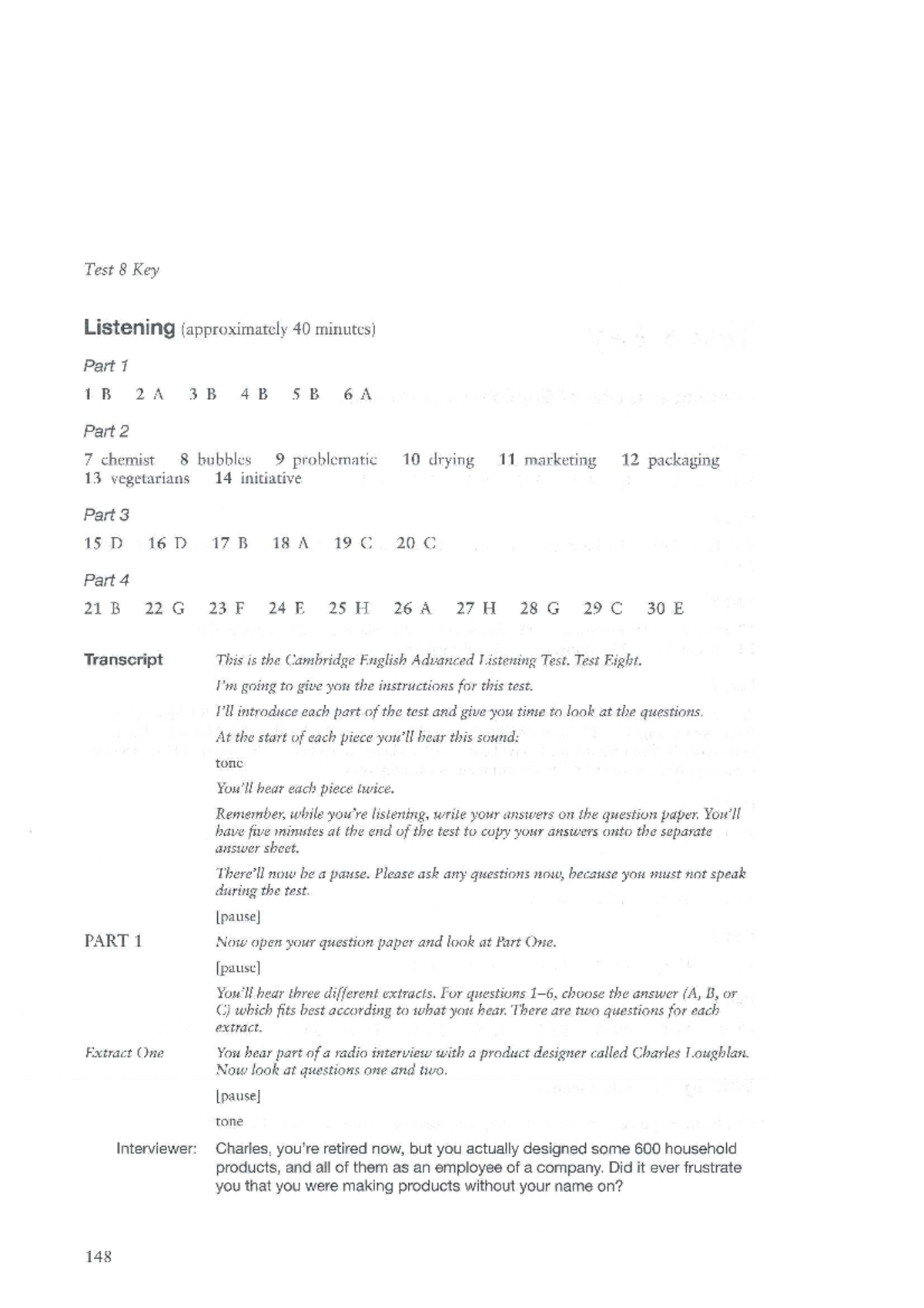 Test 8 Key Listening Answers and Transcript Analysis - Studocu