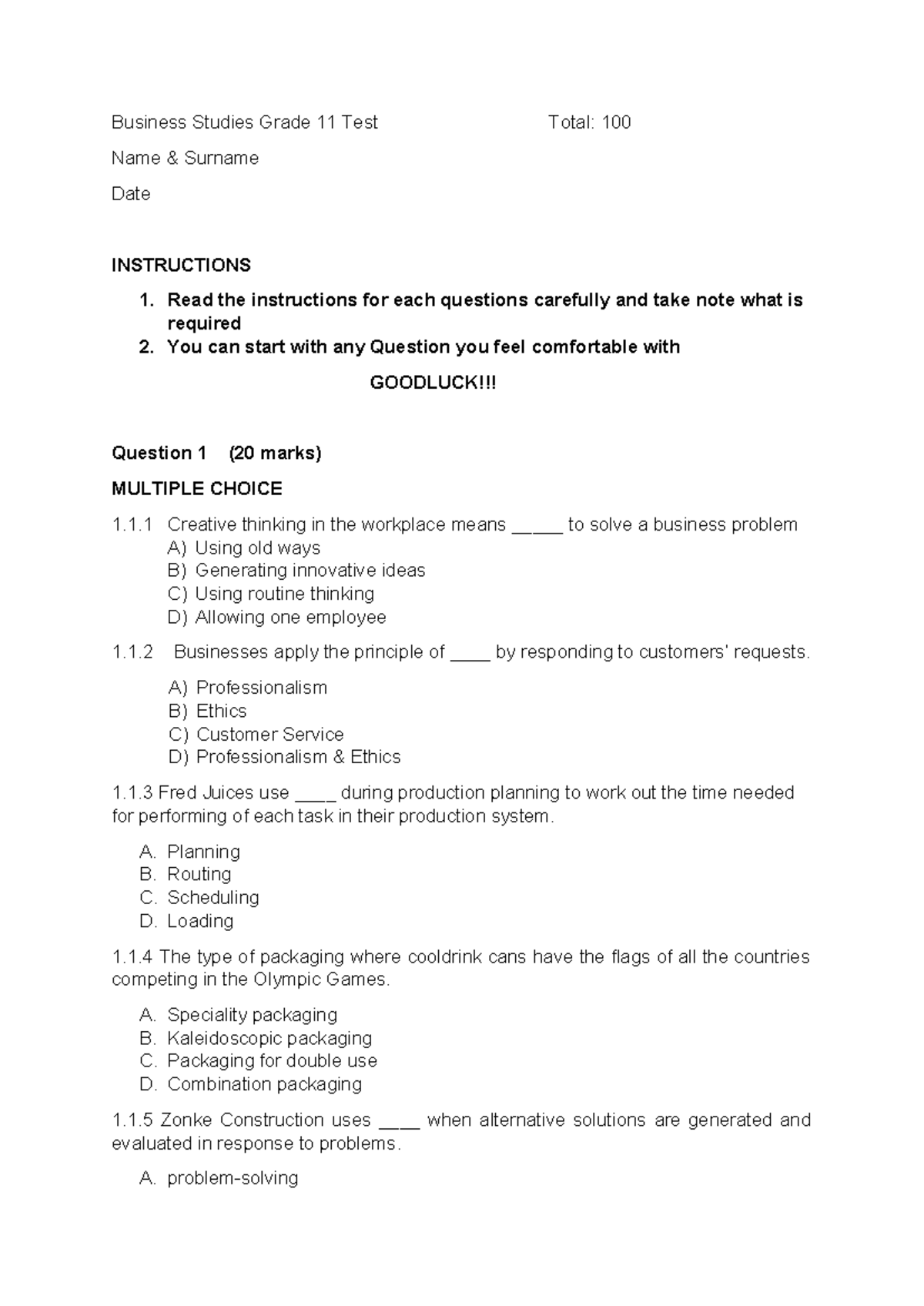 Business Studies Grade 11 Test: Creative Thinking & Marketing Functions ...