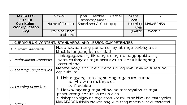 WEEK 2 Makabansa 3 Lesson Plan (MATATAG Curriculum) - Document Preview