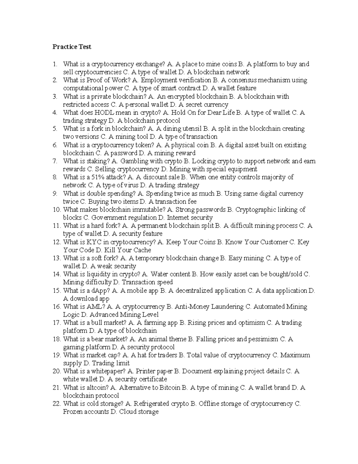 Practice Test 1: Understanding Cryptocurrency Concepts - Studocu