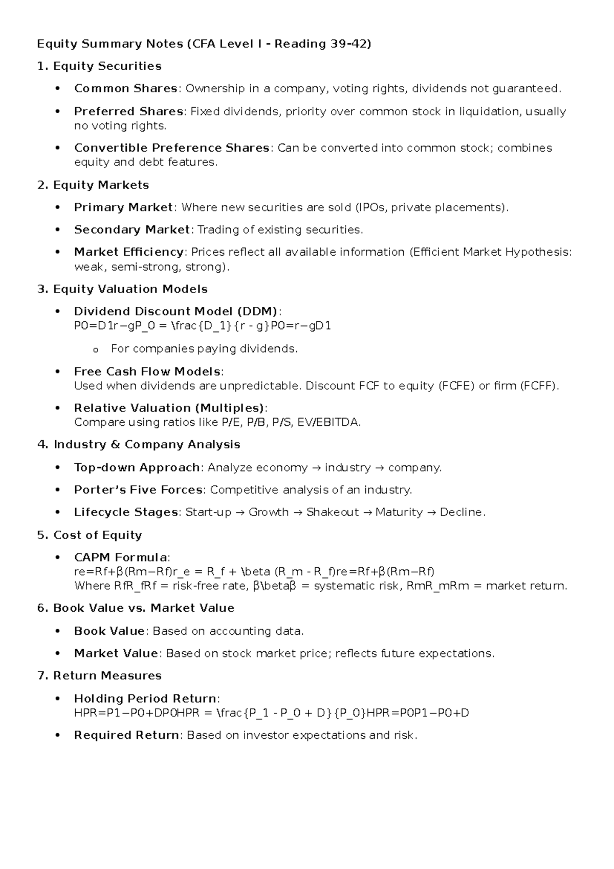Equity Summary Notes (CFA Level I): Key Concepts & Valuation Models ...