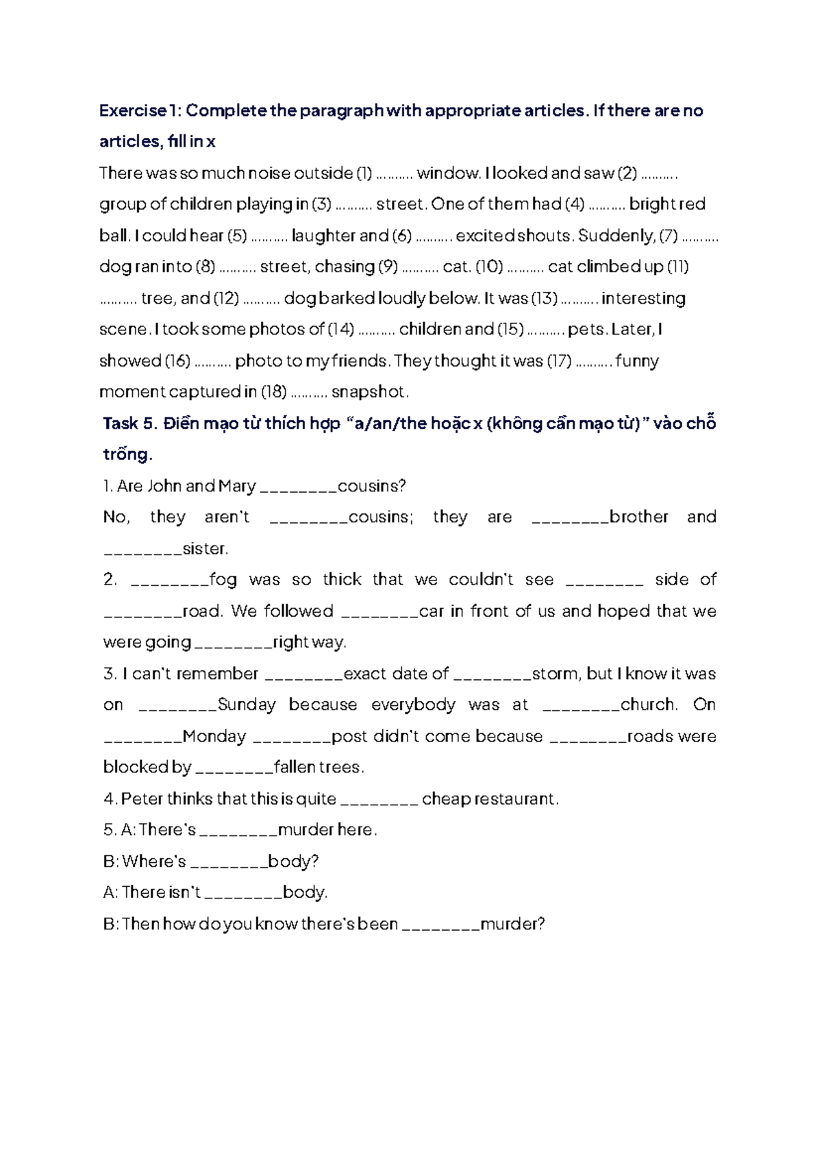 Exercise 1: Fill in Articles or 'x' for Missing Articles - Studocu