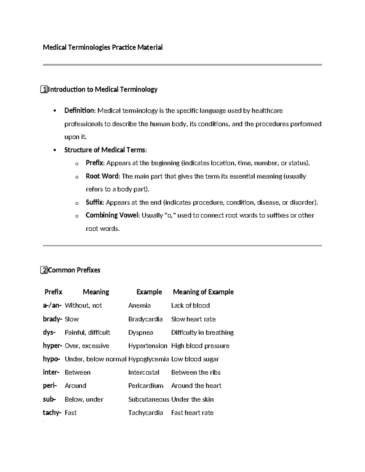Medical Terminologies Practice Material - Structure of Medical Terms: o ...