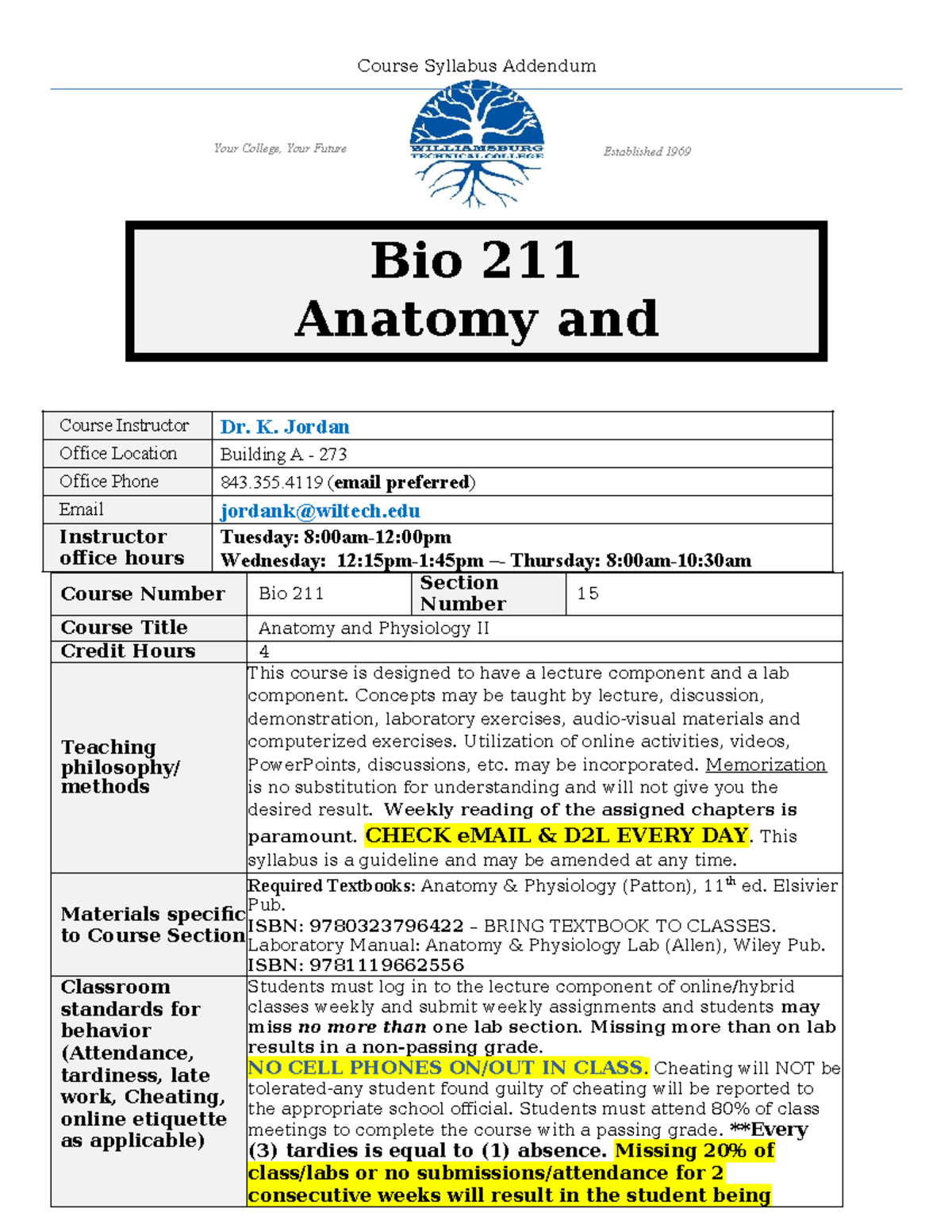 Bio 211 - Anatomy and Physiology II Syllabus Addendum - Summer - Studocu