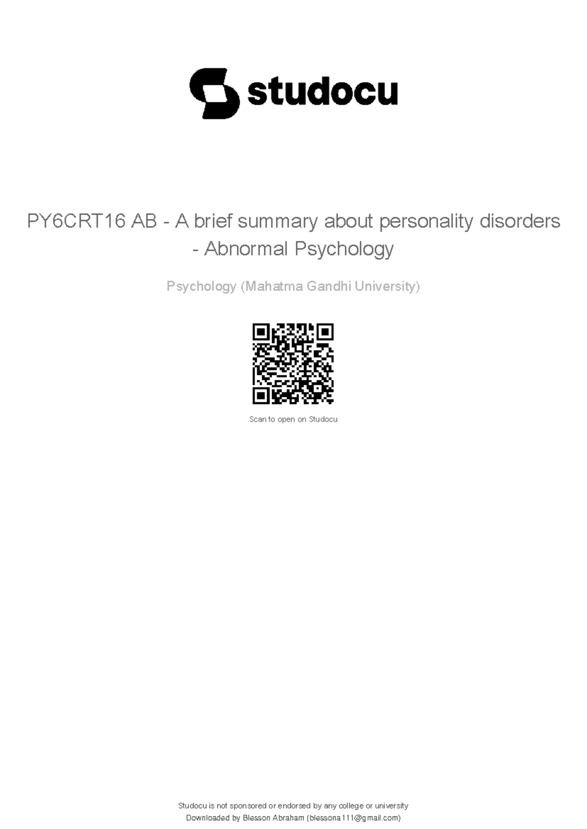 PY6CRT16 AB - Summary of Personality Disorders in Abnormal Psychology ...